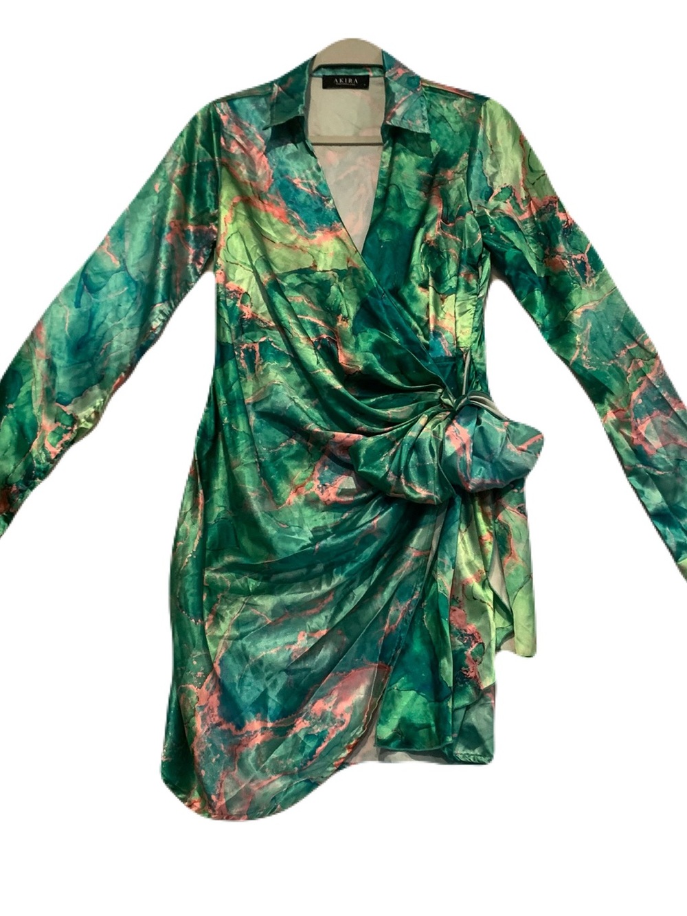 AKIRA FALL FOR ME WRAP MINI DRESS IN GREEN MULTI